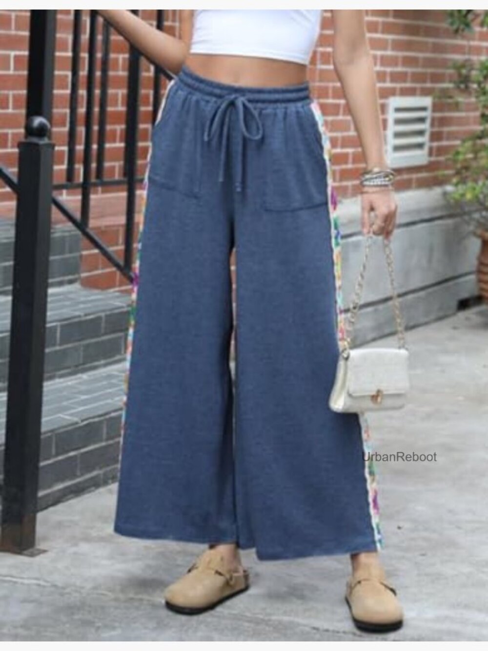 Wide Leg Stretch Sweatpants Crochet Panel Pocket Lounge Pants - Picture 4 of 7